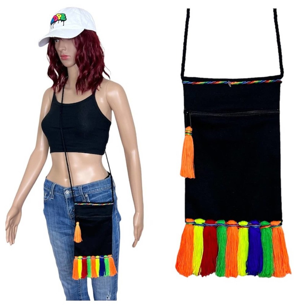 Handmade Tassel Crossbody Purse Black & Multi-Color Fringe Mini Festival New
